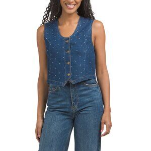 BEBE Medium Wash Rhinestone Embellished Denim Vest